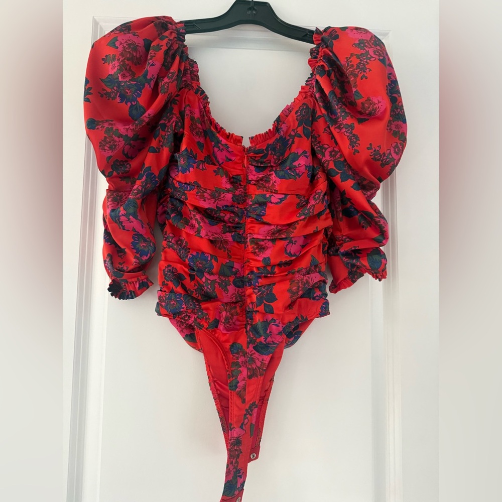 For Love & Lemons Red Floral Puff Sleeve Bodysuit S